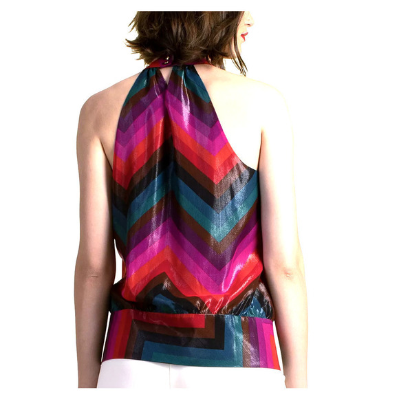 TRINA TURK Silk-Blend Champagne Shimmer Striped Tie-Front Halter Top NWT Small - Picture 3 of 16